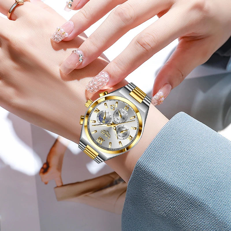 LIGE - Montre Femme Luxe Chronographe Phases de Lune - Bracelet Acier Bleu - Chiffres Romains - Étanche 3 ATM