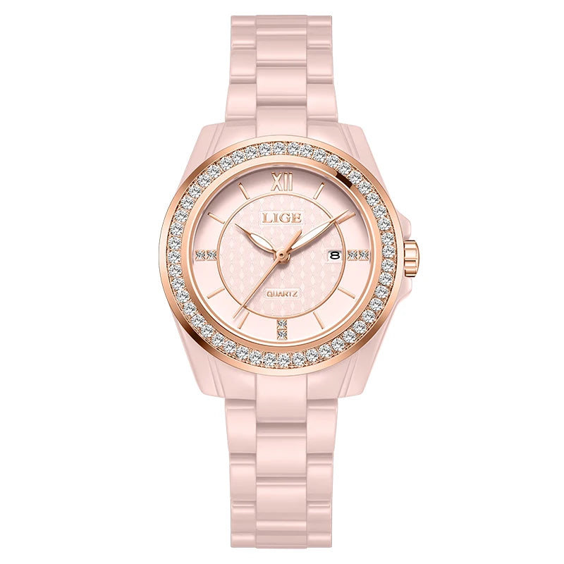 Montre Femme LIGE 2026 Rose – Quartz Céramique Élégante, Calendrier & Étanche 3 ATM