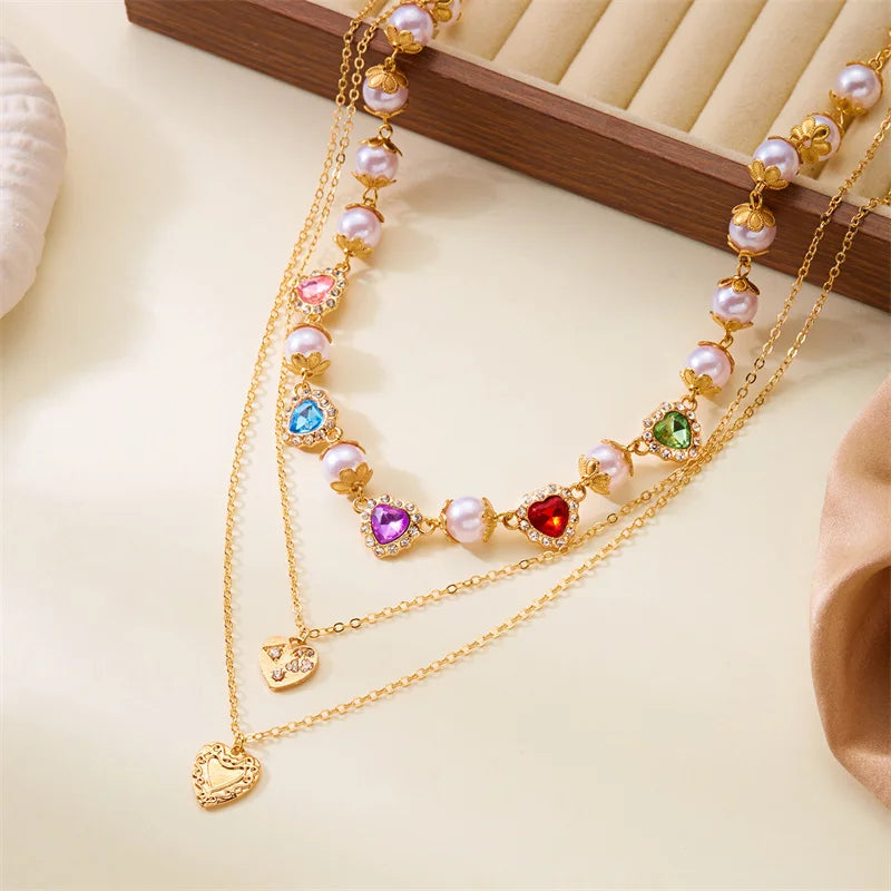 Collier de Luxe en Strass Cœur d'Amour Perles - Chaîne Multi-Rangs Y2K Mariage