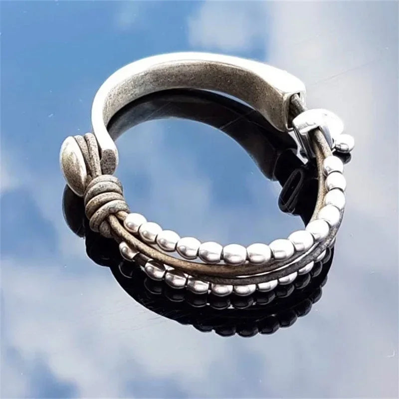 Bracelet Bohème Chic Hippie Double Cuir Tressé Perles Unisexe