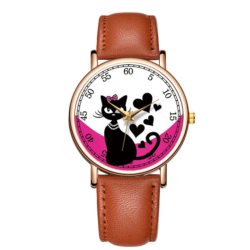 MOONBIFFY - Montre Enfant Élégante - Bracelet Cuir Véritable - Motif Chat - Étanche 3 ATM