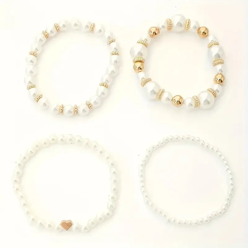 Ensemble 4 Bracelets Perles Blanches Design Doré Femme - Vintage Chic