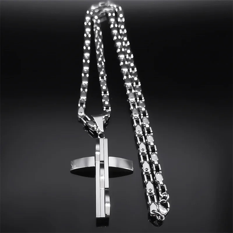 Collier Pendentif Croix Hip-Hop Acier Inoxydable - Bijou Homme Argenté