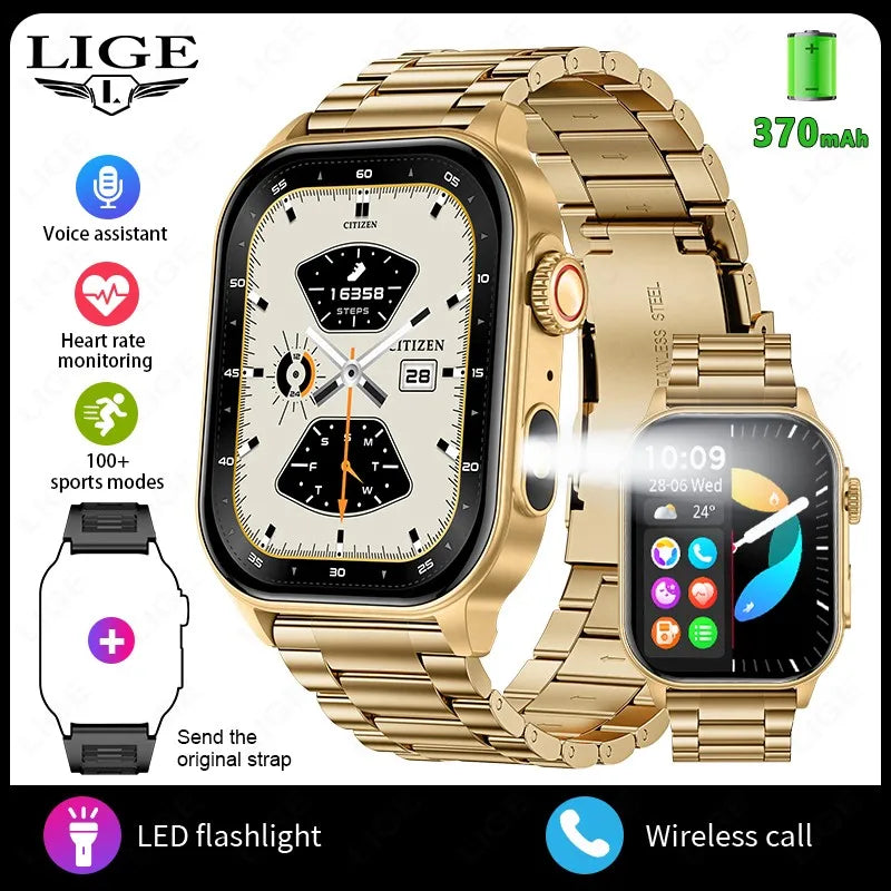 LIGE - Montre Intelligente LIGE 2.01" Militaire Sport - Lampe LED - Appels Bluetooth 5.2 - Étanche - Android iOS
