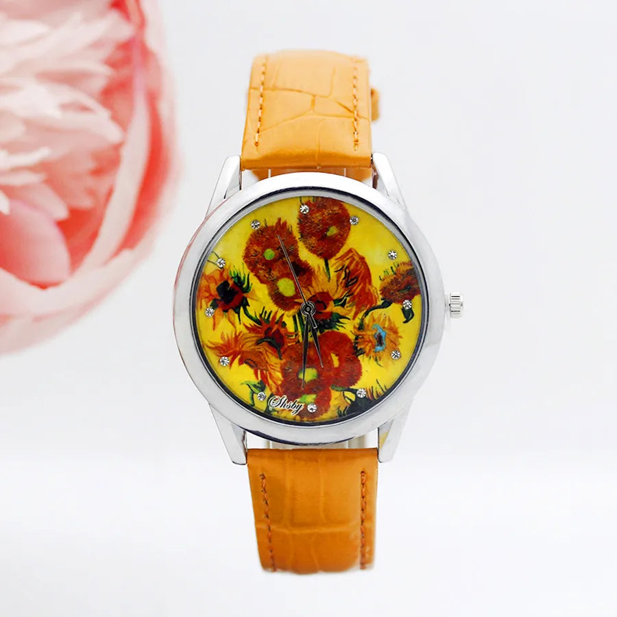 SHSBY - Montre Femme - Bracelet Cuir - Motif Fleur Élégant - Cadeau Idéal