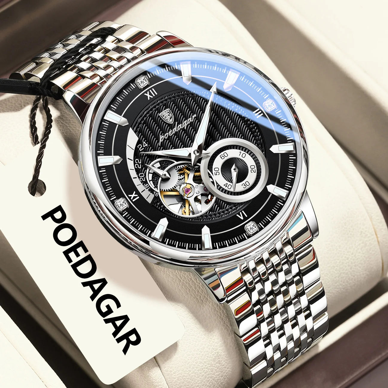 Montre Automatique Homme POEDAGAR Luxe - Tourbillon Squelette Verre Saphir