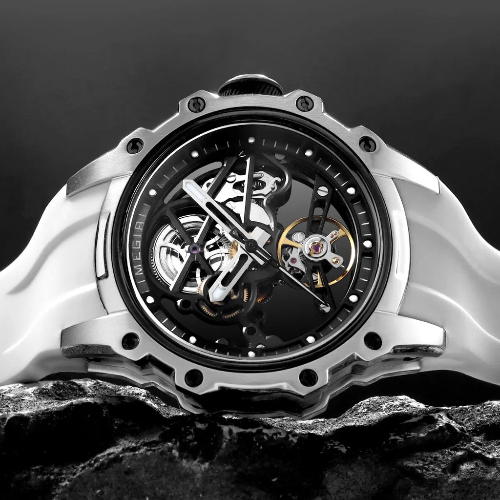 MEGIR - Montre Homme 2245 Mécanique Automatique Squelette Sport - Bracelet Silicone Blanc - Acier Inoxydable