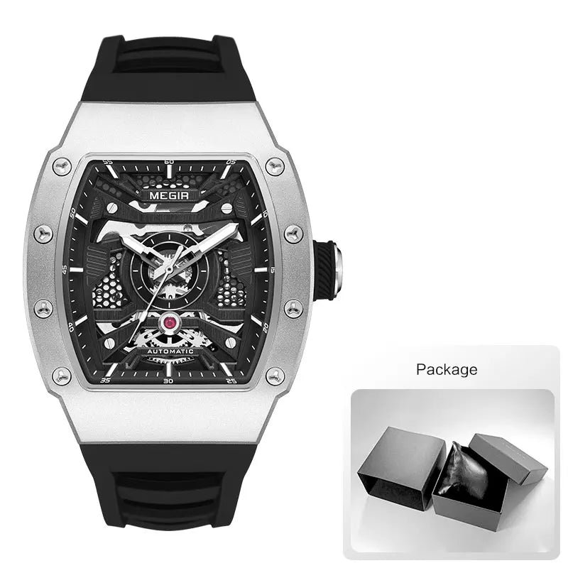 MEGIR - Montre Homme MEGIR 8604 Mécanique Automatique Squelette - Boîtier Tonneau Acier - Bracelet Silicone