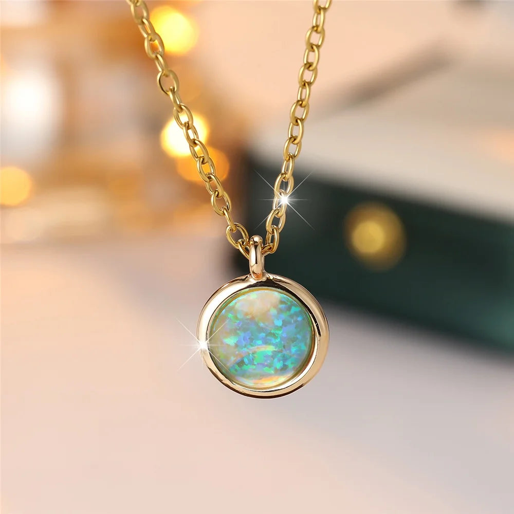 Collier de Luxe Pendentif Rond Pierre d'Opale Bleue Blanche - Vintage Couleur Or Mariage