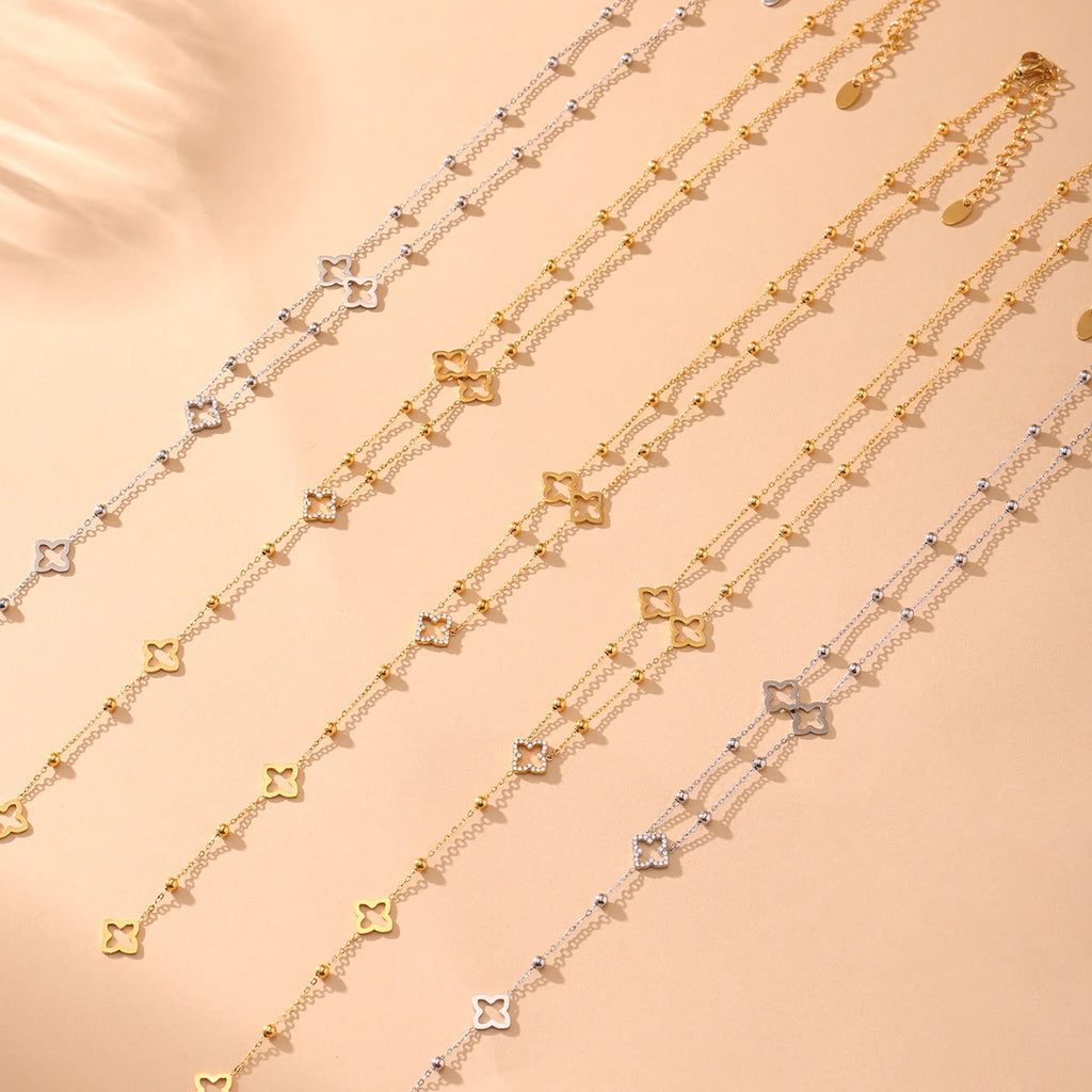 Collier Chaîne Longue Trèfle Porte-Bonheur Zircon Acier Inoxydable - Bijou Femme Élégant