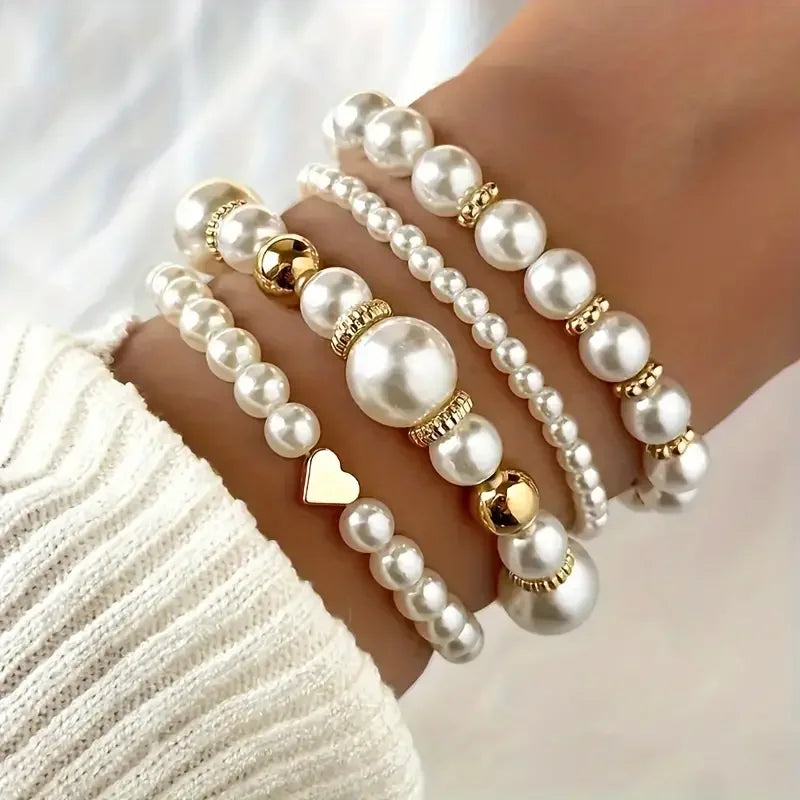 Ensemble 4 Bracelets Perles Blanches Design Doré Femme - Vintage Chic