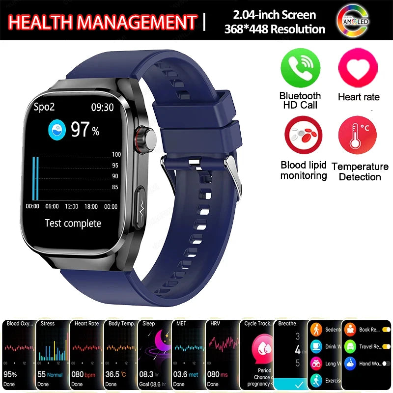 Montre Connectée Santé 2026 ECG - Lipides Sanguins, Acide Urique, Température, IP68, 650mAh, Appels BT