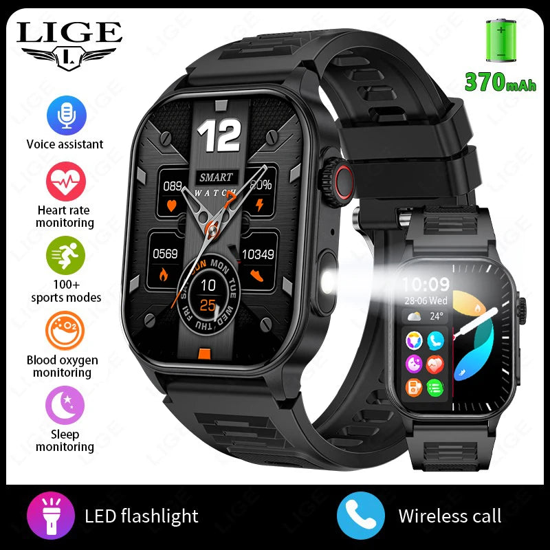 LIGE - Montre Intelligente LIGE 2.01" Militaire Sport - Lampe LED - Appels Bluetooth 5.2 - Étanche - Android iOS