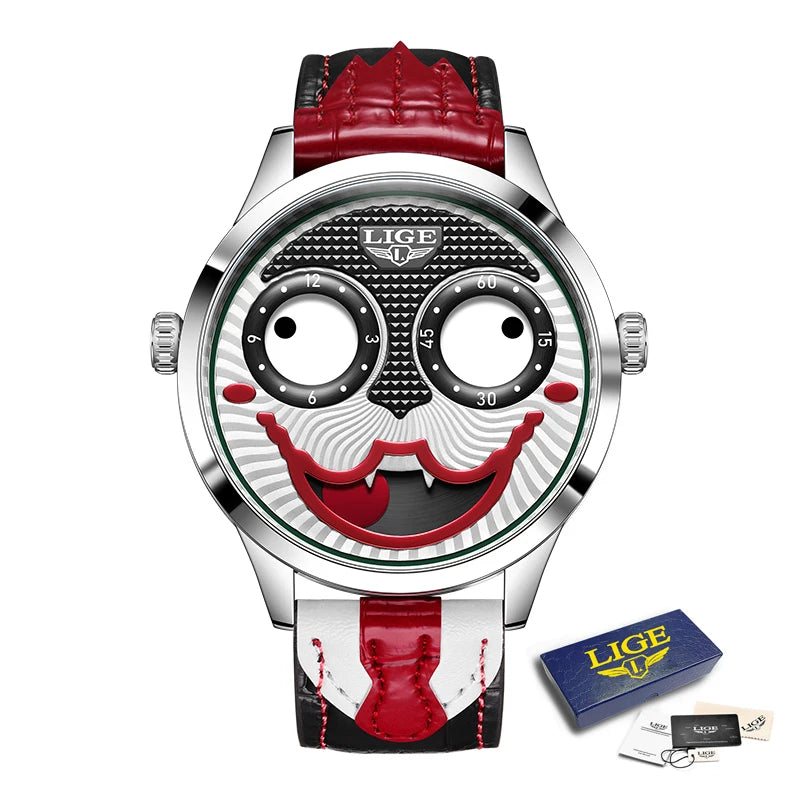 LIGE - Montre Homme 2025 Clown Mode Quartz Bracelet En Cuir Étanche Cool Joker