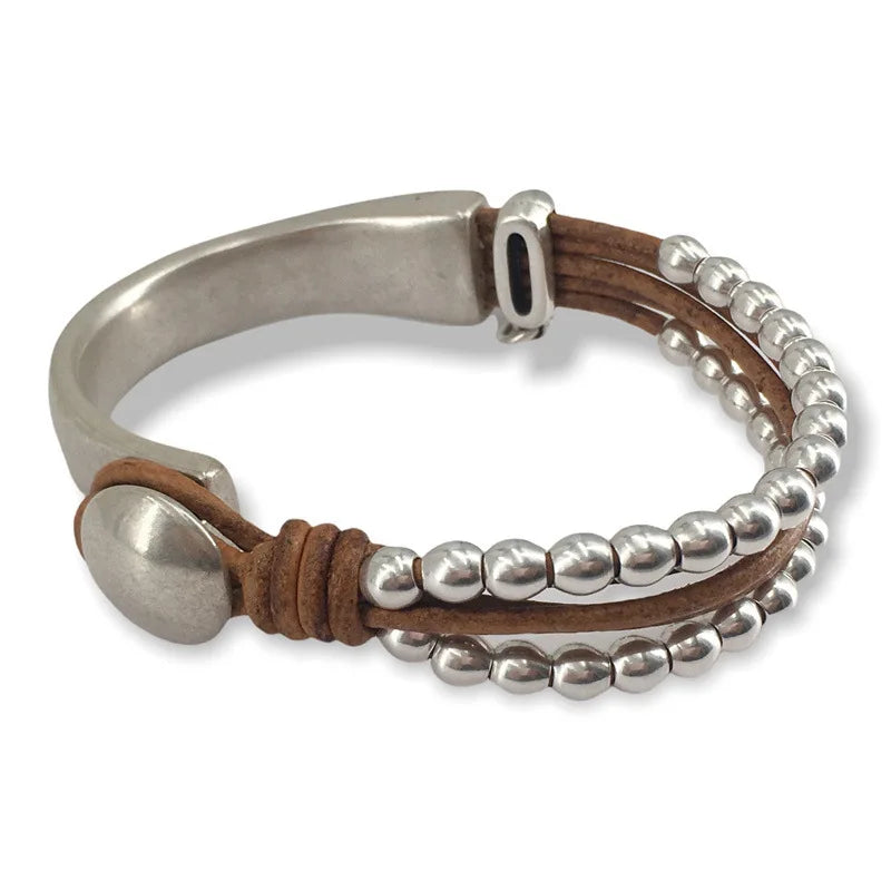 Bracelet Bohème Chic Hippie Double Cuir Tressé Perles Unisexe