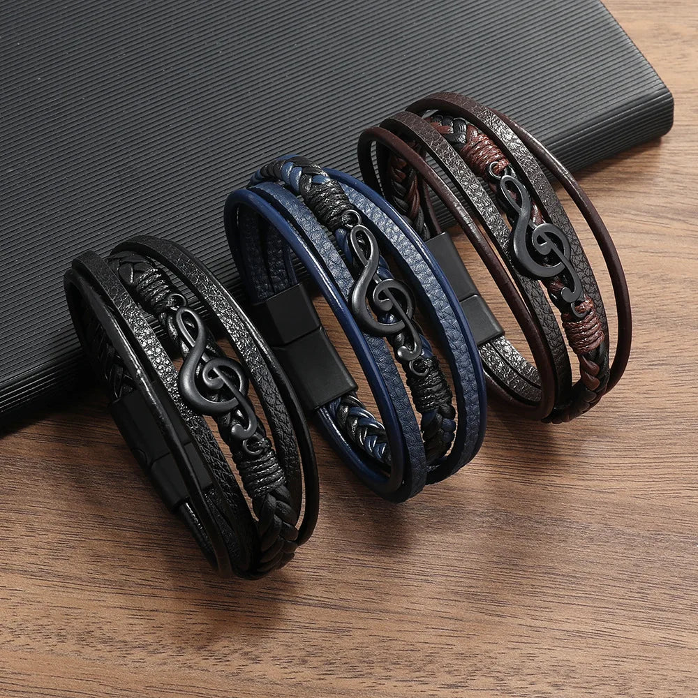 Bracelet Homme Multicouche Cuir Symbole Musique Boucle Magnétique Rétro