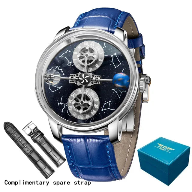 PINDU - Montre Homme Mécanique Automatique Squelette - 12 Constellations - Verre Saphir - Bracelet Maille Acier