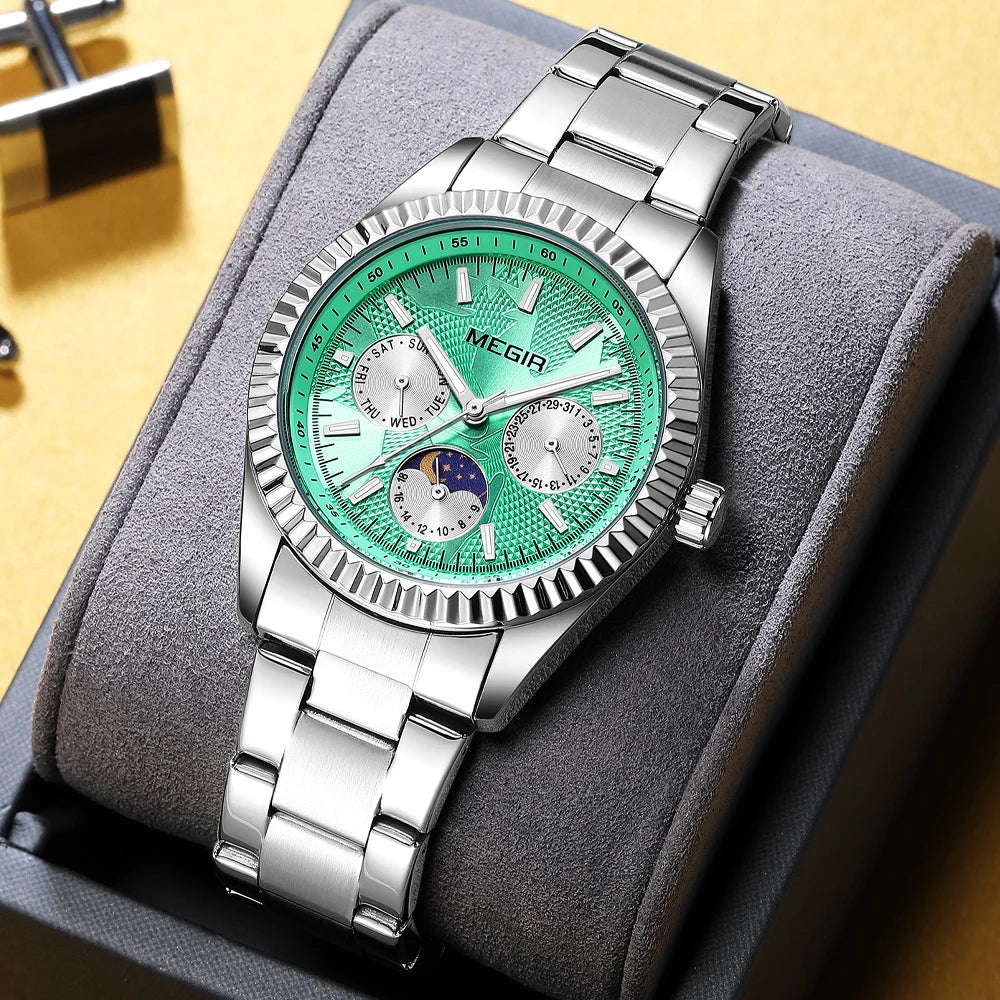 MEGIR - Montre Femme Phase de la Lune à Quartz en Acier Inoxydable Étanche