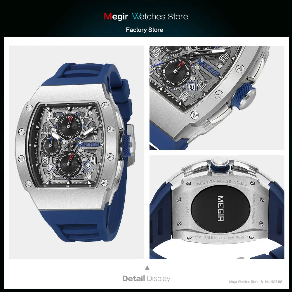 MEGIR - Montre Homme MEGIR Sport Chronographe Carrée - Cadran Bleu - Bracelet Acier - 24H - Étanche 3 ATM