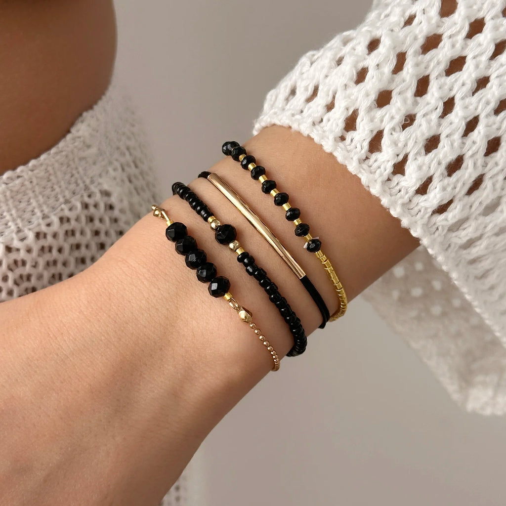 Bracelet Fait Main Perles Cristal Noir Femme - Minimaliste Élastique Été
