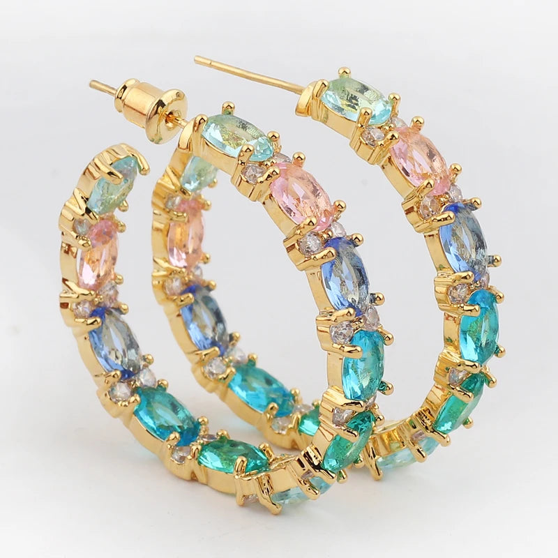 Boucles d'Oreilles Femmes Bohème Zircons Multicolores - Bijou Femme Doré