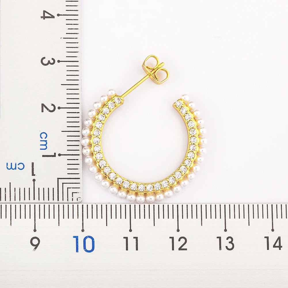 Boucles d'Oreilles Femmes Forme C Perles Zircon Doré - Bijou Femme Rétro
