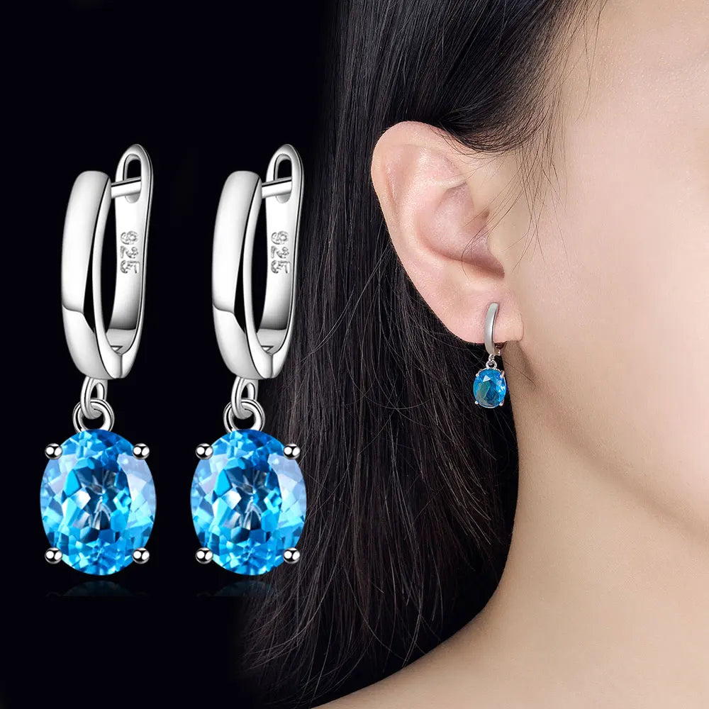 Boucles d'Oreilles Femmes Pendantes Argent 925 Topaze Bleue - Bijou Femme Élégant