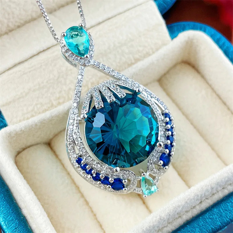 Collier Femme Pendentif Zircon Bleu - Taille Firework Premium