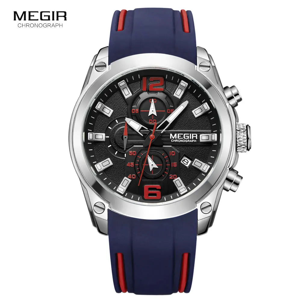 MEGIR - Montre Homme Chronographe Sport - Bracelet Silicone - Date - Lumineux - Étanche 3 ATM