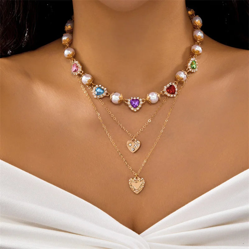 Collier de Luxe en Strass Cœur d'Amour Perles - Chaîne Multi-Rangs Y2K Mariage