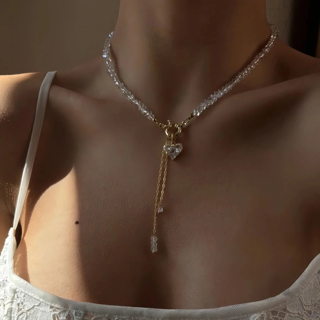 Collier Femme Vintage Pendentif Cœur Cristal Noir - Chaîne Géométrique Bohème