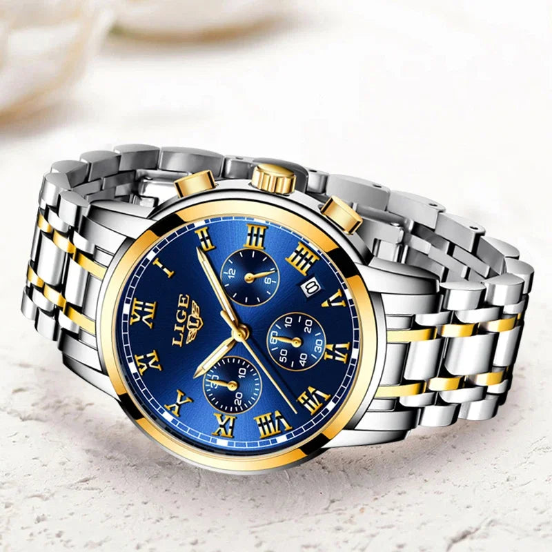 LIGE - Montre Femme Luxe Chronographe Bicolore Or/Argent - Cadran Bleu - Étanche 3 ATM