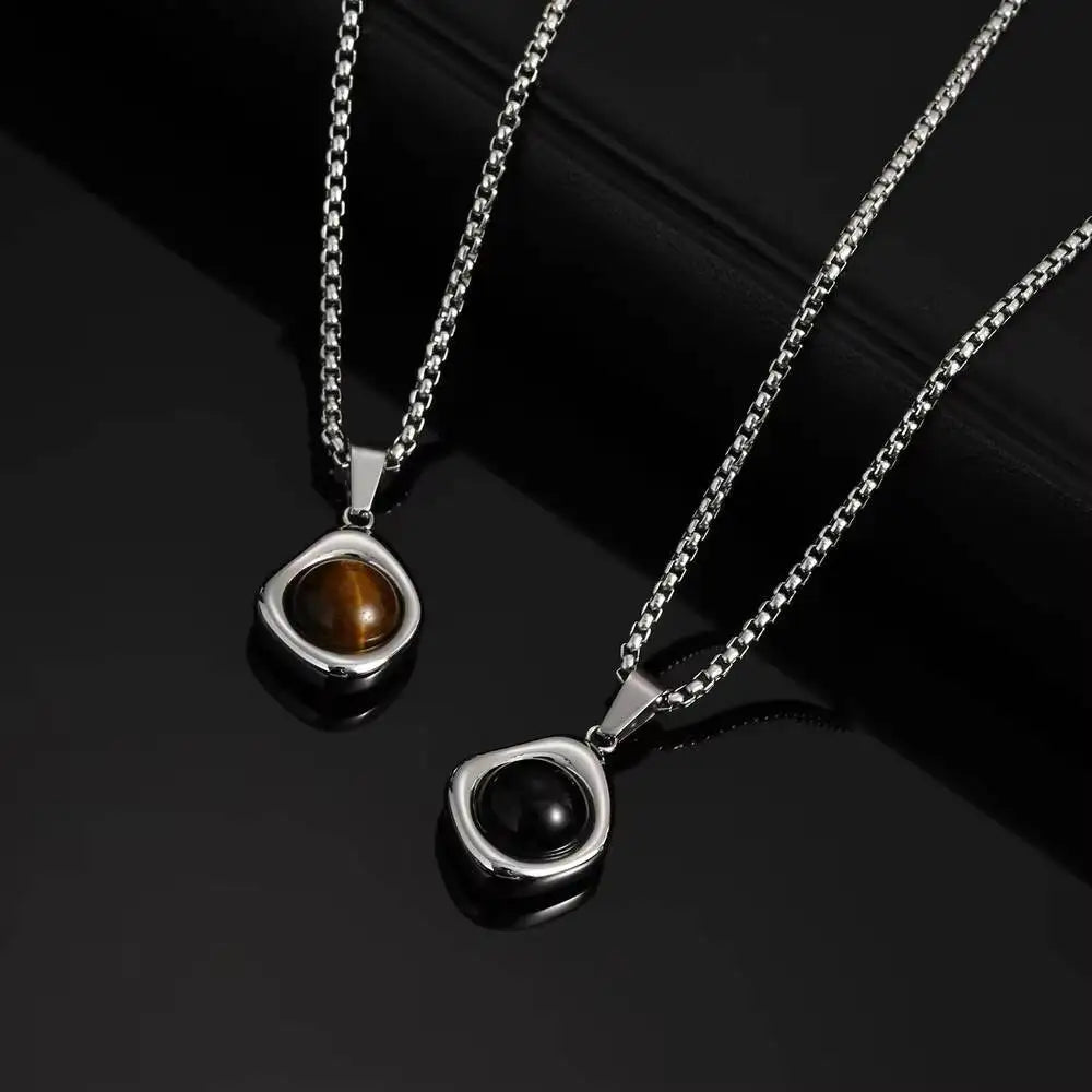 Collier Pendentif Pierre d'Œil de Tigre Homme - Acier Inoxydable Étanche Vintage