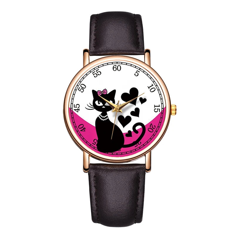 MOONBIFFY - Montre Enfant Élégante - Bracelet Cuir Véritable - Motif Chat - Étanche 3 ATM
