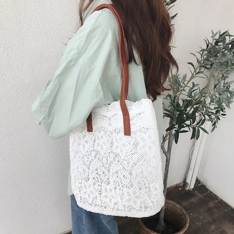 Sac à Main Femme Bandoulière Toile Coton - Cabas Vintage Ajouré Style Bohème