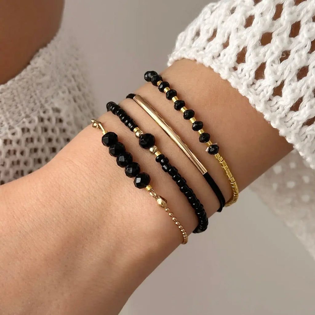 Bracelet Fait Main Perles Cristal Noir Femme - Minimaliste Élastique Été
