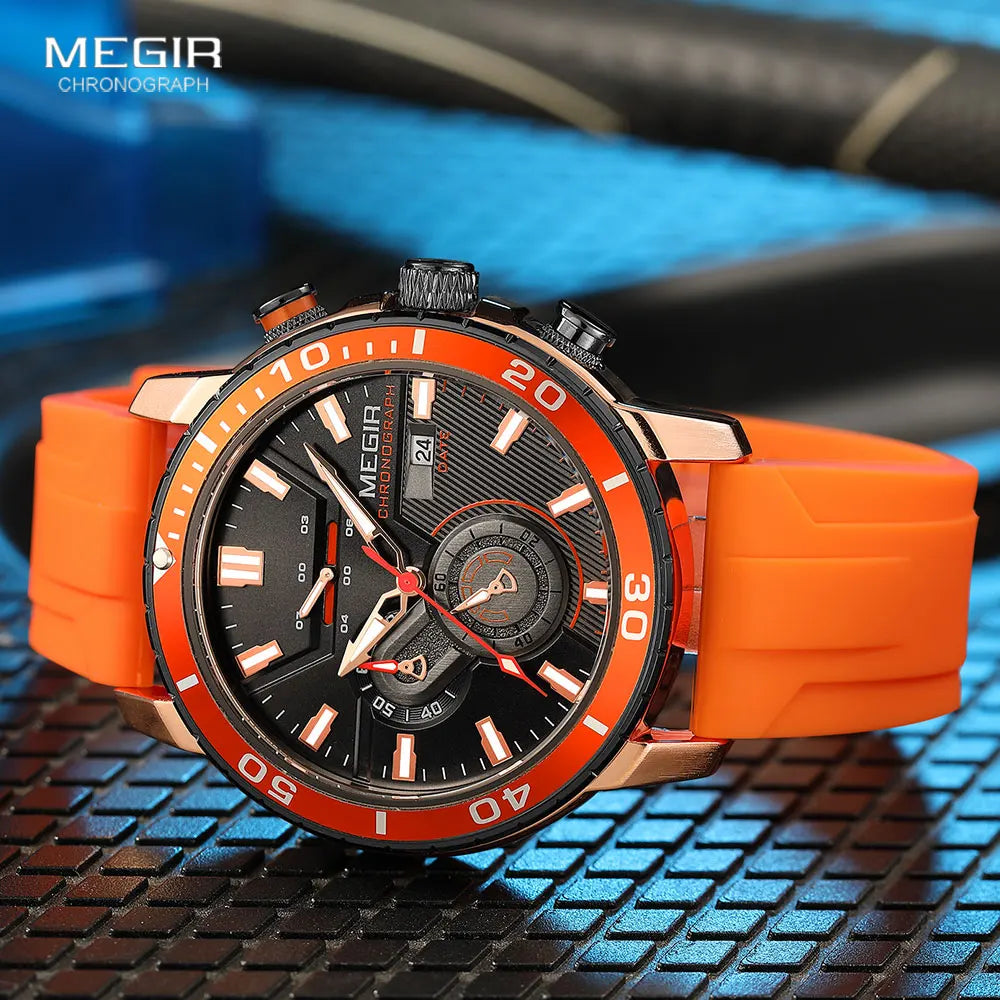 MEGIR - Montre Homme MEGIR Sport Chronographe Orange - Bracelet Silicone - Étanche 3 ATM - Lumineux