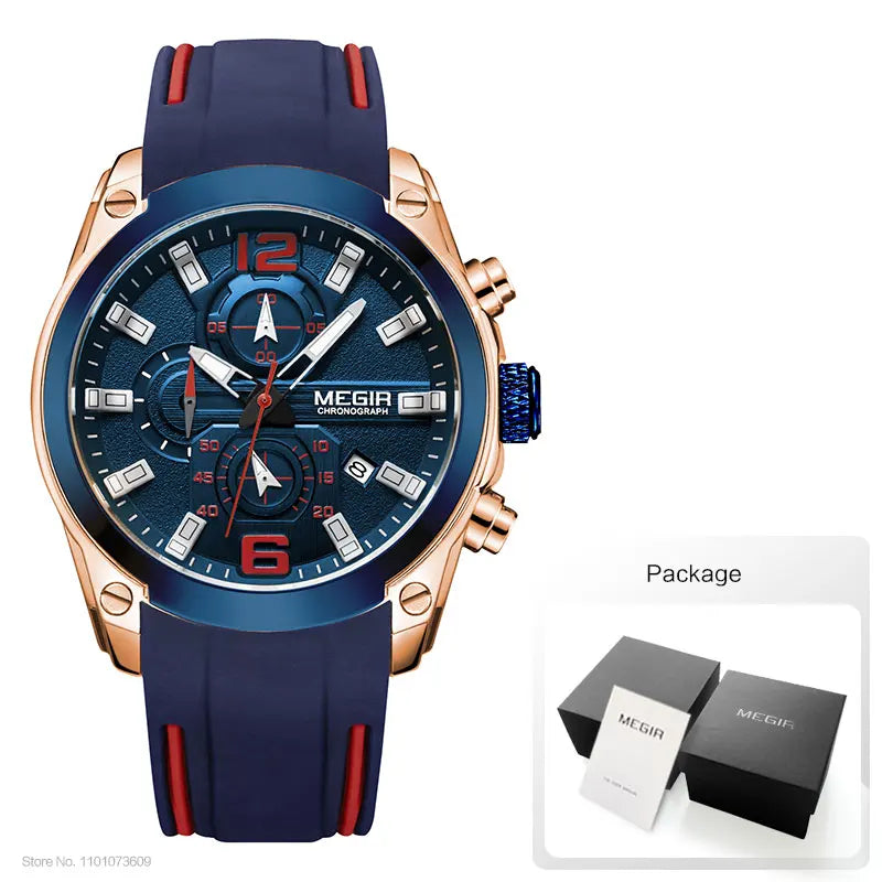 MEGIR - Montre Homme Chronographe Sport - Bracelet Silicone - Date - Lumineux - Étanche 3 ATM