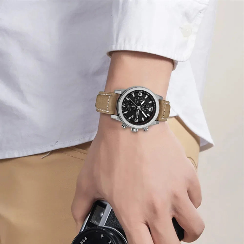 Montre Homme MEGIR 2026 Sport - Chronographe Bracelet Cuir Lumineux