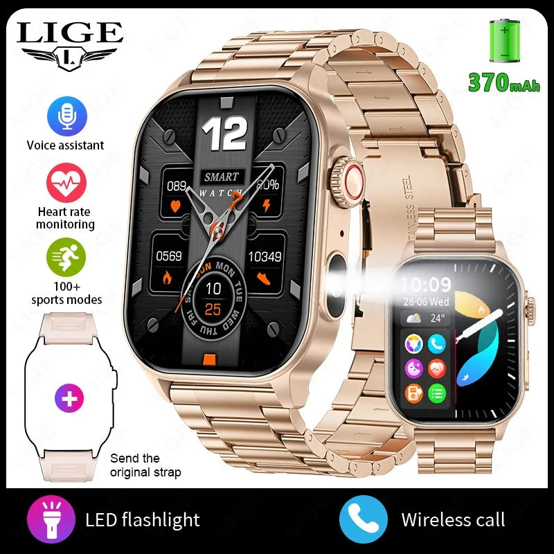 LIGE - Montre Intelligente LIGE 2.01" Militaire Sport - Lampe LED - Appels Bluetooth 5.2 - Étanche - Android iOS