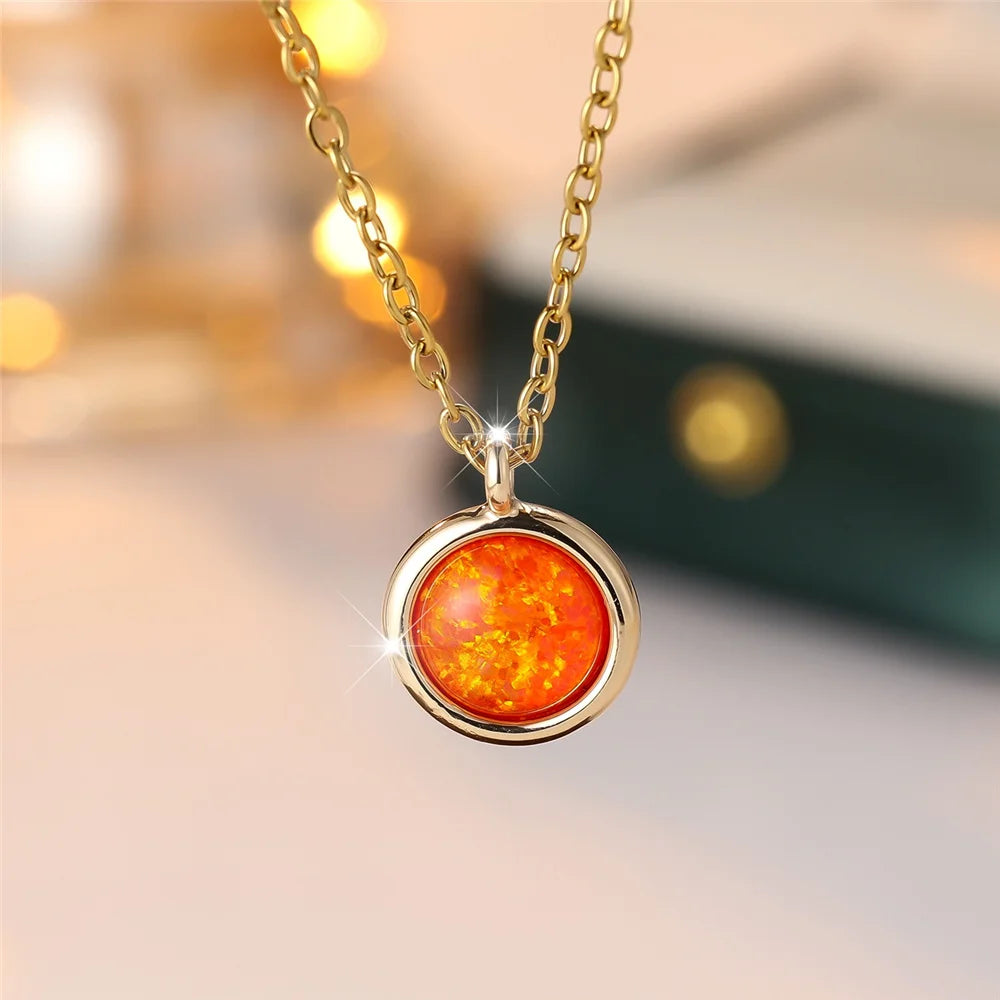 Collier de Luxe Pendentif Rond Pierre d'Opale Bleue Blanche - Vintage Couleur Or Mariage