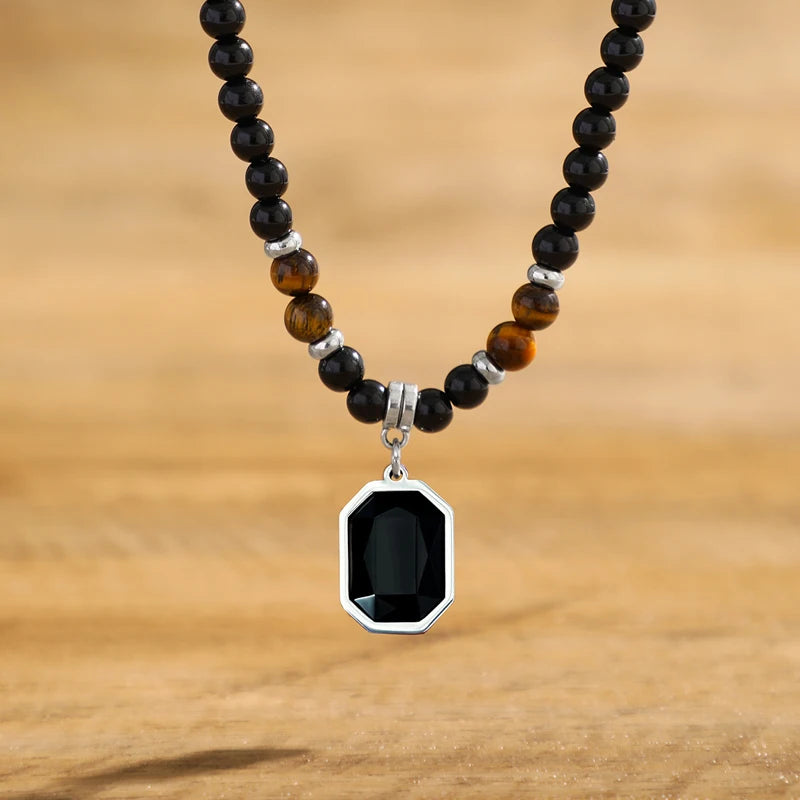 Collier Perles Noires Pendentif Carré - Bijou Homme Tendance