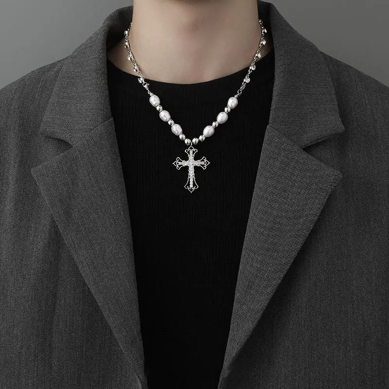 Collier Perles Imitation Pendentif Croix Cristal - Bijou Femme Élégant