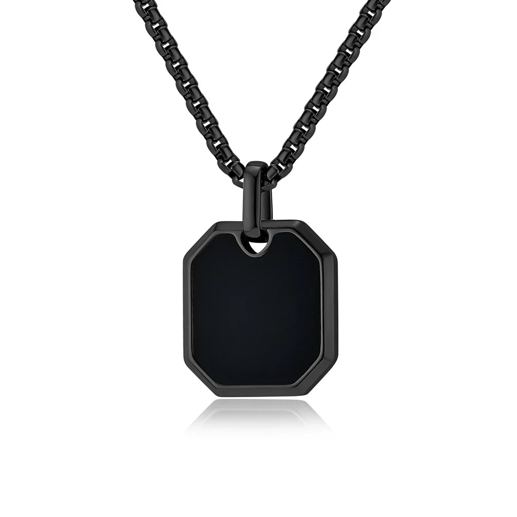 Collier Pendentif Carré Noir Unisexe - Acier Inoxydable Classique Homme Femme