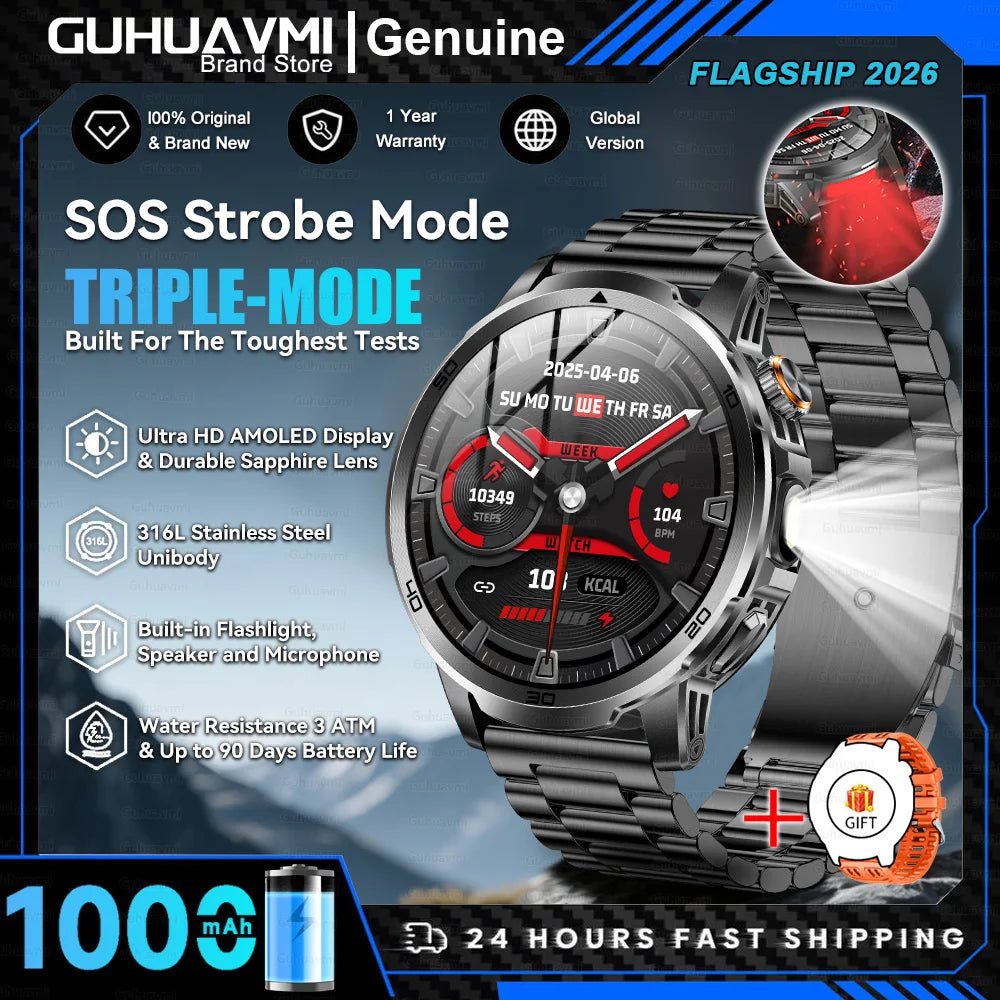 Montre Connectée Militaire T-REX 3 Ultra 2026 - 1000mAh, 5ATM Étanche 50m, AMOLED 1.85", GPS, Lampe Torche