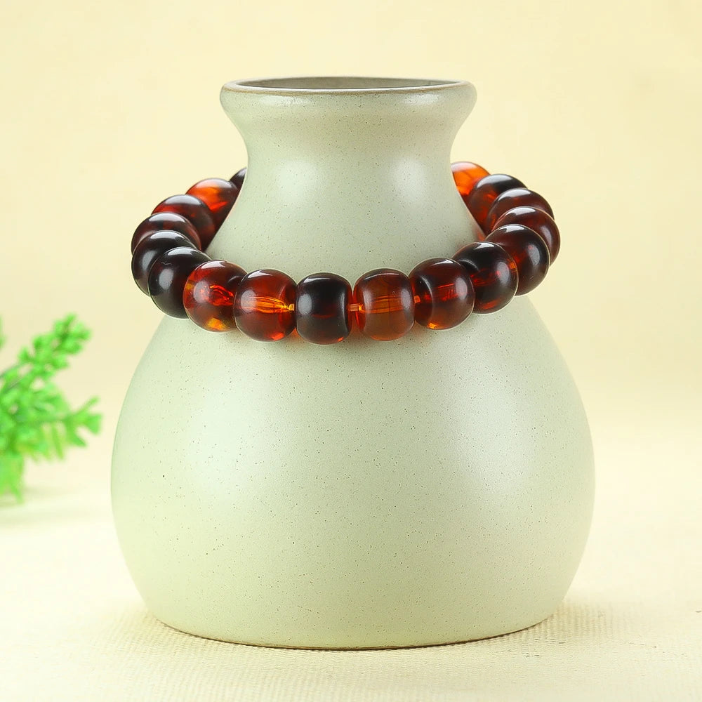 Bracelet Ambre Rouge Naturel Homme Femme - Pierre Guérison Baltique Perles Tonneau Unisexe