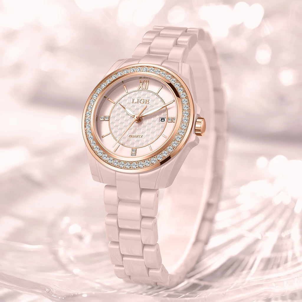Montre Femme LIGE 2026 Rose – Quartz Céramique Élégante, Calendrier & Étanche 3 ATM