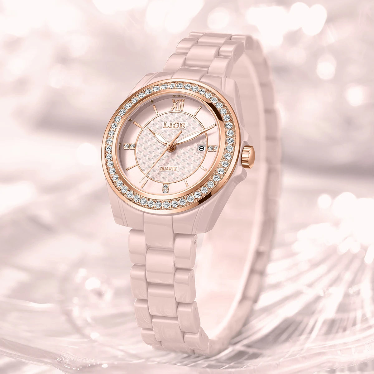 Montre Femme LIGE 2026 Rose – Quartz Céramique Élégante, Calendrier & Étanche 3 ATM