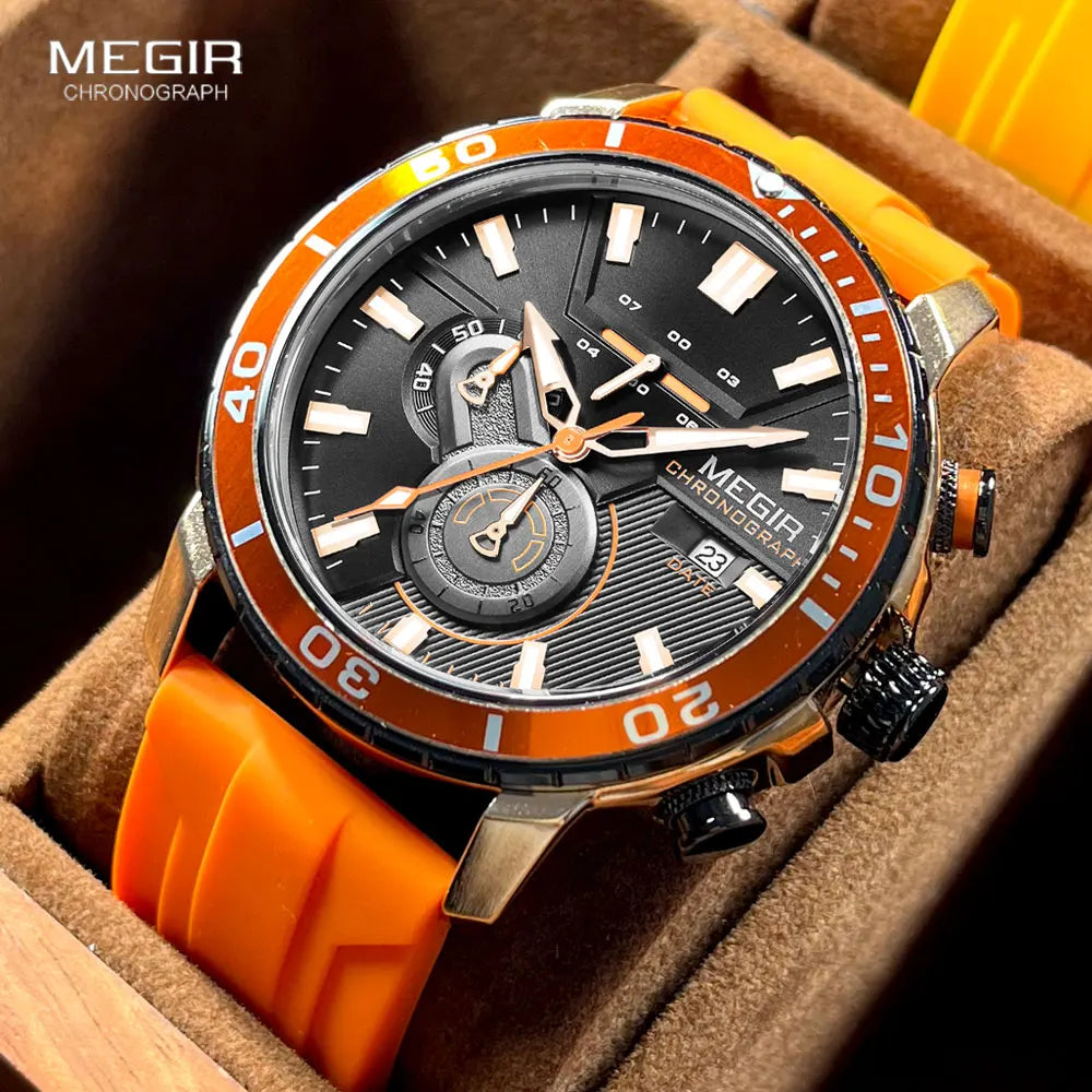 MEGIR - Montre Homme MEGIR Sport Chronographe Orange - Bracelet Silicone - Étanche 3 ATM - Lumineux