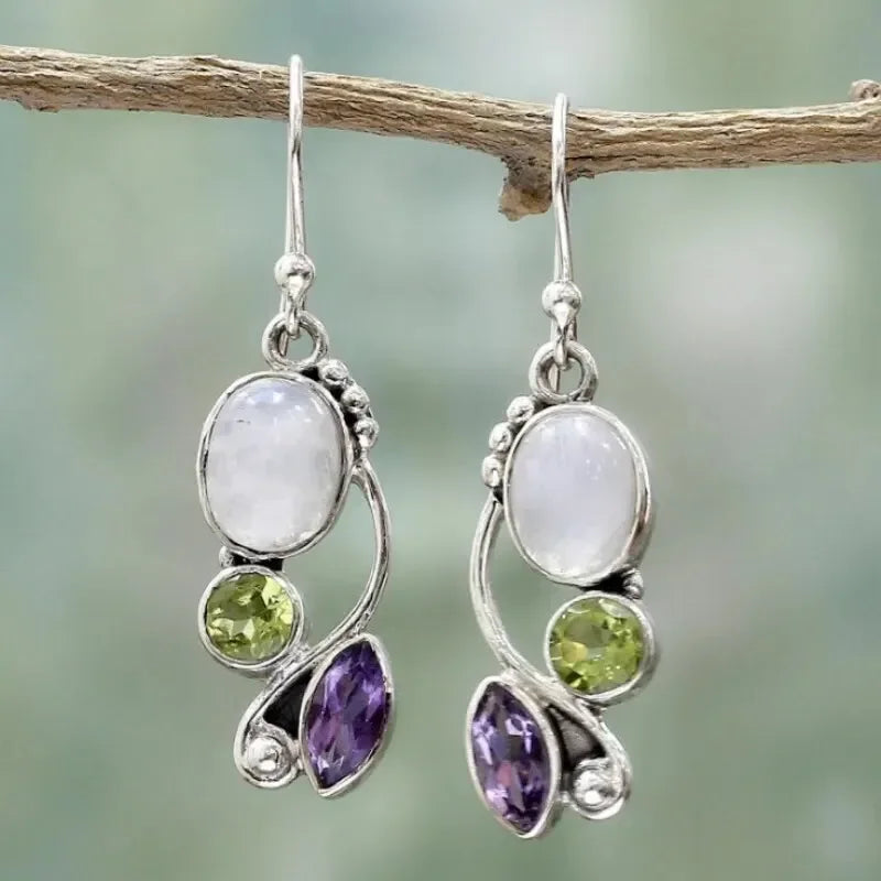 Boucles d'Oreilles Femmes Pendantes Bohème Pierre de Lune - Bijou Femme Vintage